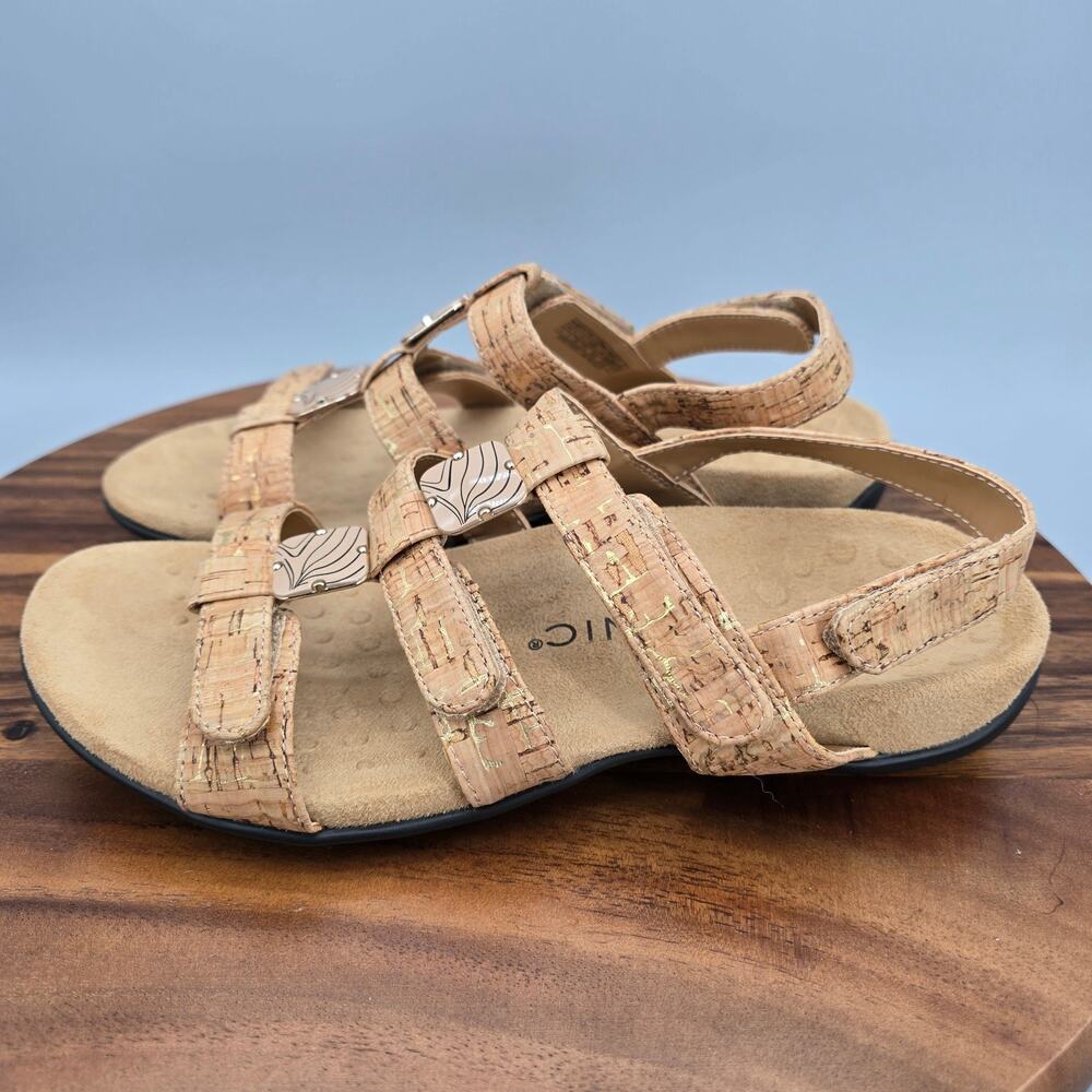 Vionic Amber Sandals Womens 8 Wide Gold Cork Orthotic Adjustable T Strap Comfort - Picture 3 of 7